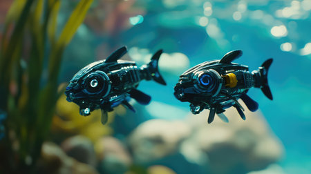 Robotic fish swimming gracefully alongside real fish in a clear aquarium.の素材