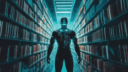 Robotic librarian organizing books in a vast, futuristic library.の素材