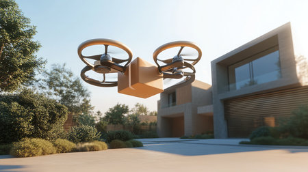Robotic drone delivering a package to a modern suburban home.の素材