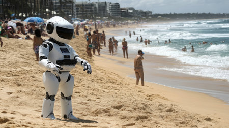 Robotic lifeguard patrolling a busy beach, scanning the water for safety.の素材