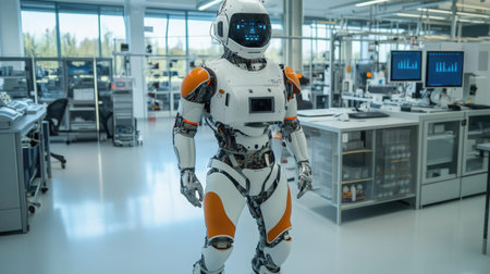 Robotic exoskeleton suit displayed in a high-tech laboratory setting.の素材