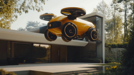 Robotic drone delivering a package to a modern suburban home.の素材