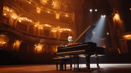 Robotic musician playing a grand piano on a dimly lit stage.の素材