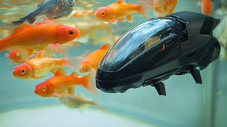 Robotic fish swimming gracefully alongside real fish in a clear aquarium.の素材