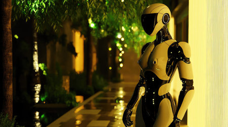 Robotic security guard patrolling a high-tech facility at night.の素材
