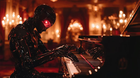 Robotic musician playing a grand piano on a dimly lit stage.の素材