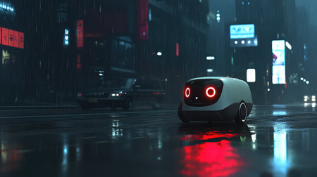 Sleek autonomous delivery robot navigating through a futuristic urban landscape.の素材