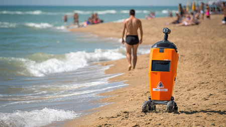 Robotic lifeguard patrolling a busy beach, scanning the water for safety.の素材