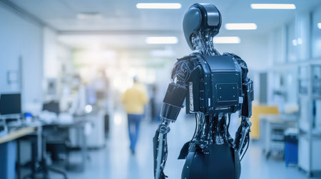 Robotic exoskeleton suit displayed in a high-tech laboratory setting.の素材