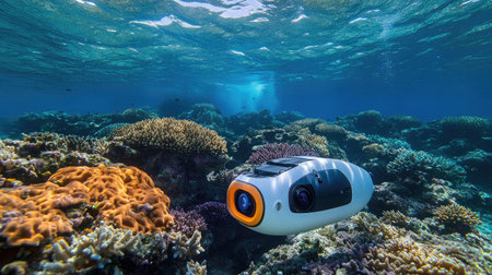 Underwater exploration robot capturing images of vibrant coral reefs.の素材