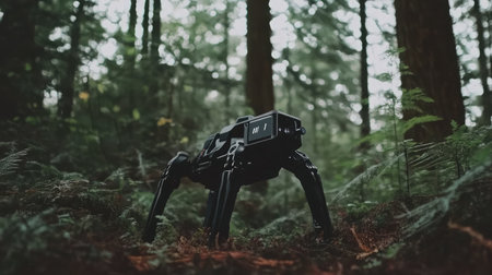 Robotic dog exploring a dense forest, equipped with sensors and cameras.の素材