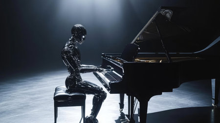 Robotic musician playing a grand piano on a dimly lit stage.の素材