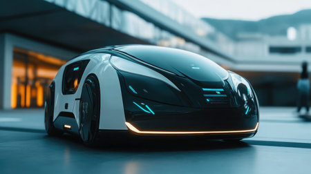 Sleek autonomous delivery robot navigating through a futuristic urban landscape.の素材