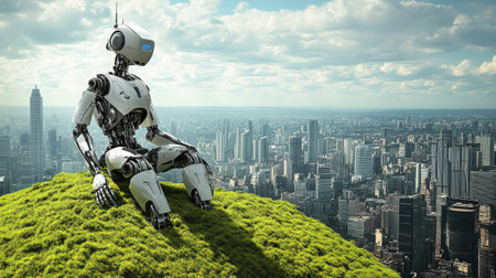 Robotic gardener tending to a lush, green rooftop garden in a city.の素材
