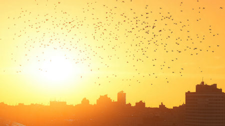 Swarm of small drones performing synchronized movements against a sunset sky.の素材