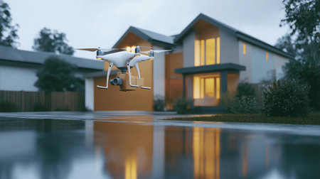 Robotic drone delivering a package to a modern suburban home.の素材