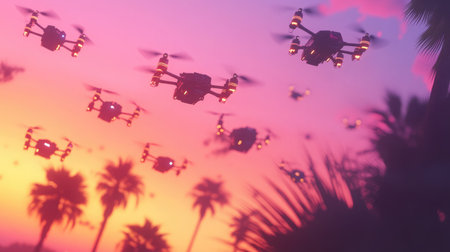 Swarm of small drones performing synchronized movements against a sunset sky.の素材