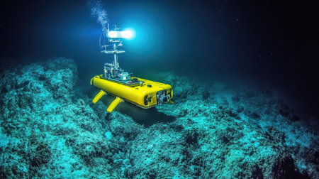 Robotic submarine exploring the depths of a dark ocean trench.の素材