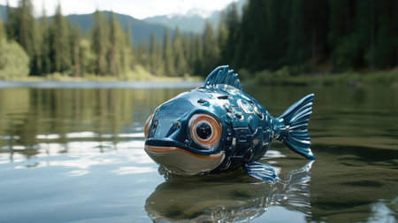 Robotic fish monitoring water quality in a serene lake.の素材