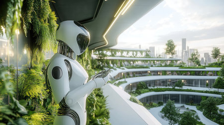 Robotic gardener tending to a lush, green rooftop garden in a city.の素材