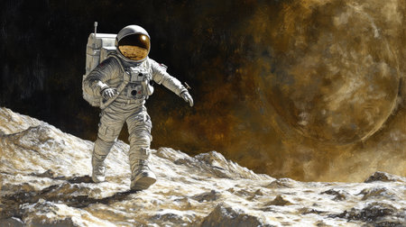 Robotic explorer traversing the rocky terrain of a distant planet.の素材