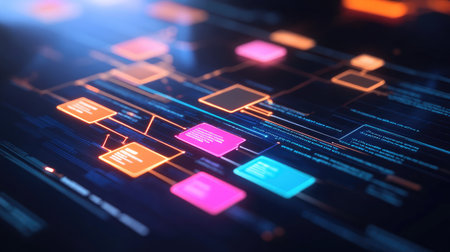 A digital ledger with interconnected blocks symbolizing blockchain data structure, highlighting secure and transparent transactions.の素材