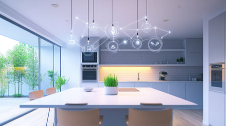 A modern kitchen with smart appliances connected to a central hub, illustrating IoT in everyday life.の素材