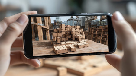 A smartphone showing an AR puzzle game, overlaying virtual pieces onto a real tabletop for interactive play.の素材