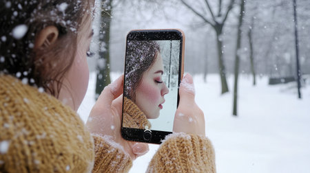 A smartphone displaying an AR makeup tutorial, overlaying virtual cosmetics onto a user's reflection in real-time.の素材
