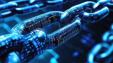 Abstract representation of a blockchain with chains of data blocks, emphasizing immutability and security.の素材