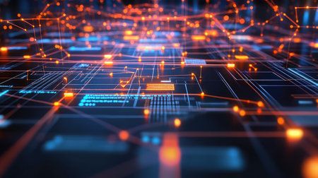 A digital ledger with interconnected blocks symbolizing blockchain data structure, highlighting secure and transparent transactions.の素材