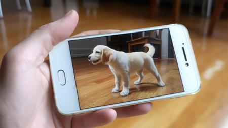 A smartphone showing an AR pet simulation, projecting a virtual pet into the user's real environment.の素材