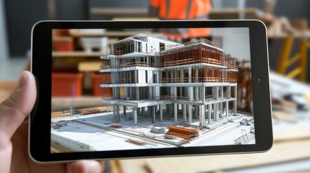A tablet displaying an AR architectural visualization, projecting virtual building models onto a construction site.の素材