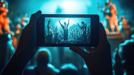 A tablet projecting virtual historical figures into a museum exhibit, enhancing the educational experience through AR.の素材