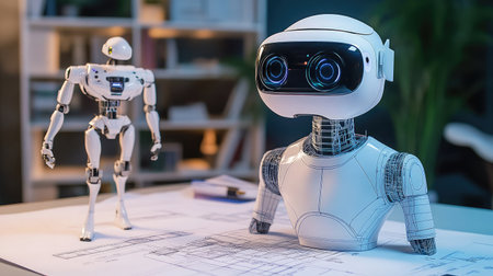 A virtual reality headset on a desk beside a robot model and engineering blueprints, suggesting VR in robotics.の素材