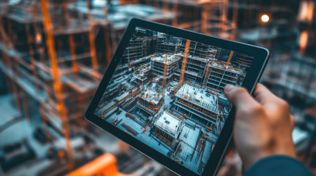 A tablet displaying an AR architectural visualization, projecting virtual building models onto a construction site.の素材