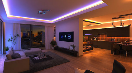 A smart home interior showcasing interconnected devices like thermostats, lighting, and security systems communicating seamlessly.の素材