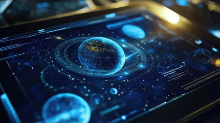 A tablet with an AR astronomy guide, overlaying planet information and constellations onto the night sky.の素材