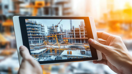 A tablet displaying an AR architectural visualization, projecting virtual building models onto a construction site.の素材