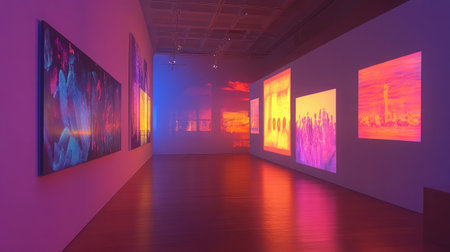 A tablet projecting virtual art onto a gallery wall, allowing users to visualize different artworks in the space.の素材