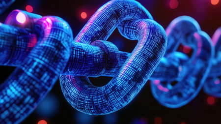 Close-up of a blockchain facilitating decentralized finance DeFi applications, revolutionizing traditional banking.の素材