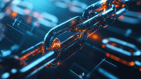 High-resolution image of a blockchain securing digital art ownership, representing non-fungible tokens NFTs.の素材