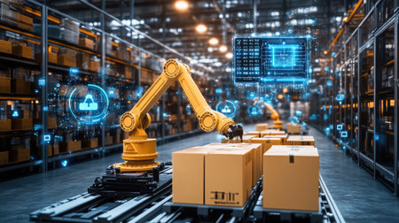 Depiction of a connected industrial robot on a factory floor, representing automation through IoT.の素材