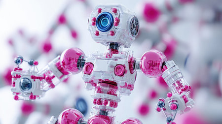 Depiction of a nanoscale robot assembling molecules, illustrating potential in manufacturing at the molecular level.の素材