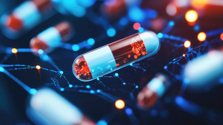 High-resolution image of a blockchain securing medical supply chains, preventing counterfeit drugs.の素材