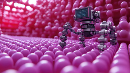 Depiction of a nanoscale robot assembling molecules, illustrating potential in manufacturing at the molecular level.の素材