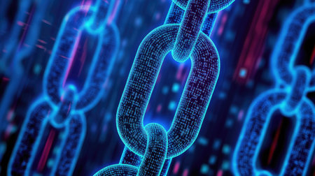 High-detail image of a blockchain securing digital voting in corporate governance, ensuring shareholder transparency.の素材