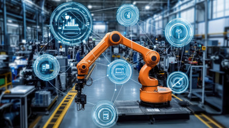 Depiction of a connected industrial robot on a factory floor, representing automation through IoT.の素材