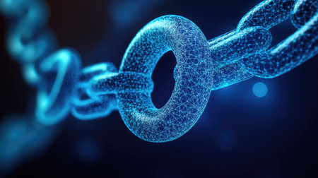 High-resolution image of a blockchain securing digital art ownership, representing non-fungible tokens NFTs.の素材