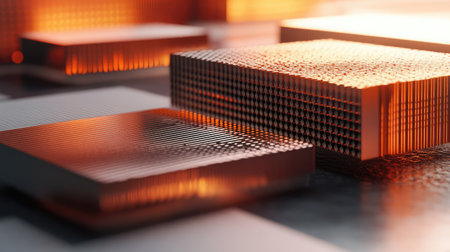 High-detail image of a nanoscale heat sink, showcasing efficient thermal management in electronic devices.の素材